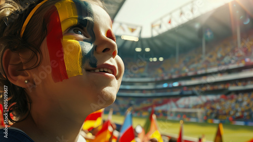 Obraz na płótnie Joyful Young Fan with Painted Face Cheering at a Crowded Soccer Stadium w salonie