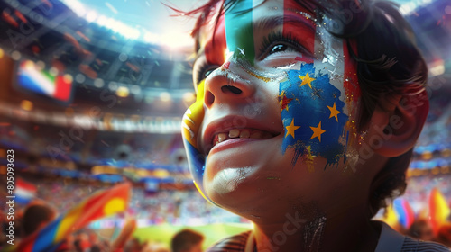 Obraz na płótnie Joyful Young Fan with Painted Face Cheering at a Crowded Soccer Stadium w salonie