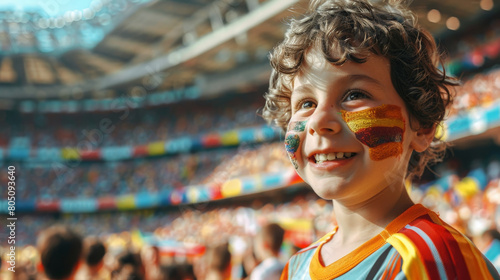 Obraz na płótnie Joyful Young Fan with Painted Face Cheering at a Crowded Soccer Stadium w salonie