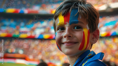Obraz na płótnie Joyful Young Fan with Painted Face Cheering at a Crowded Soccer Stadium w salonie