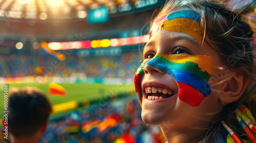 Obraz na płótnie Joyful Young Fan with Painted Face Cheering at a Crowded Soccer Stadium w salonie