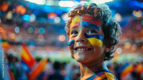 Joyful Young Fan with Painted Face Cheering at a Crowded Soccer Stadium