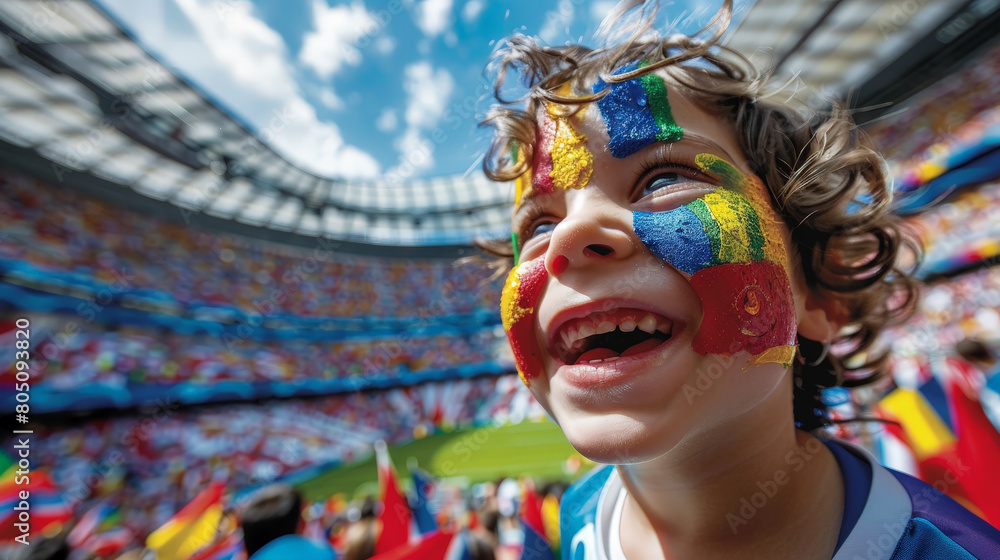 Joyful Young Fan with Painted Face Cheering at a Crowded Soccer Stadium