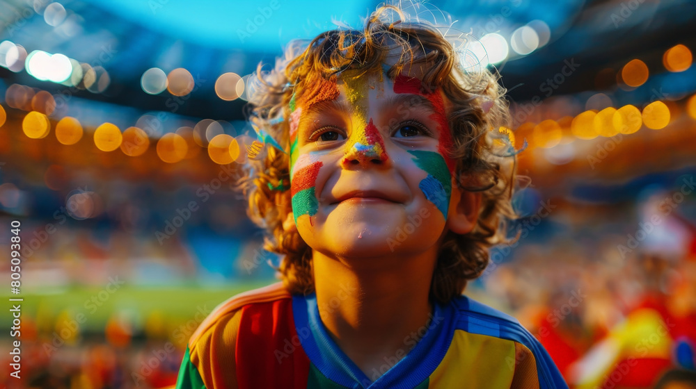 Joyful Young Fan with Painted Face Cheering at a Crowded Soccer Stadium