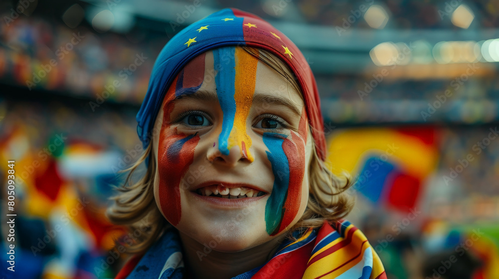 Joyful Young Fan with Painted Face Cheering at a Crowded Soccer Stadium