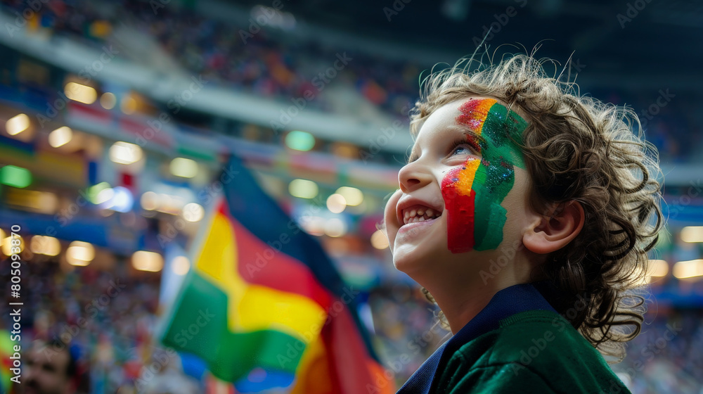 Joyful Young Fan with Painted Face Cheering at a Crowded Soccer Stadium