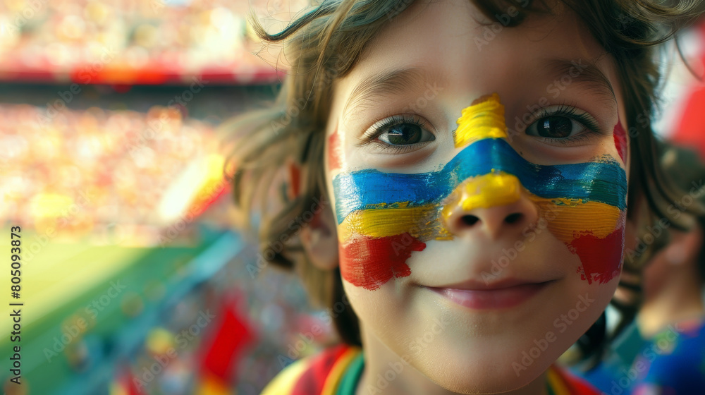 Joyful Young Fan with Painted Face Cheering at a Crowded Soccer Stadium