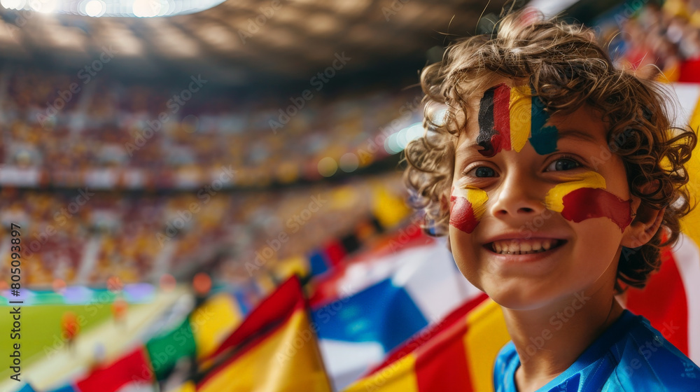 Joyful Young Fan with Painted Face Cheering at a Crowded Soccer Stadium