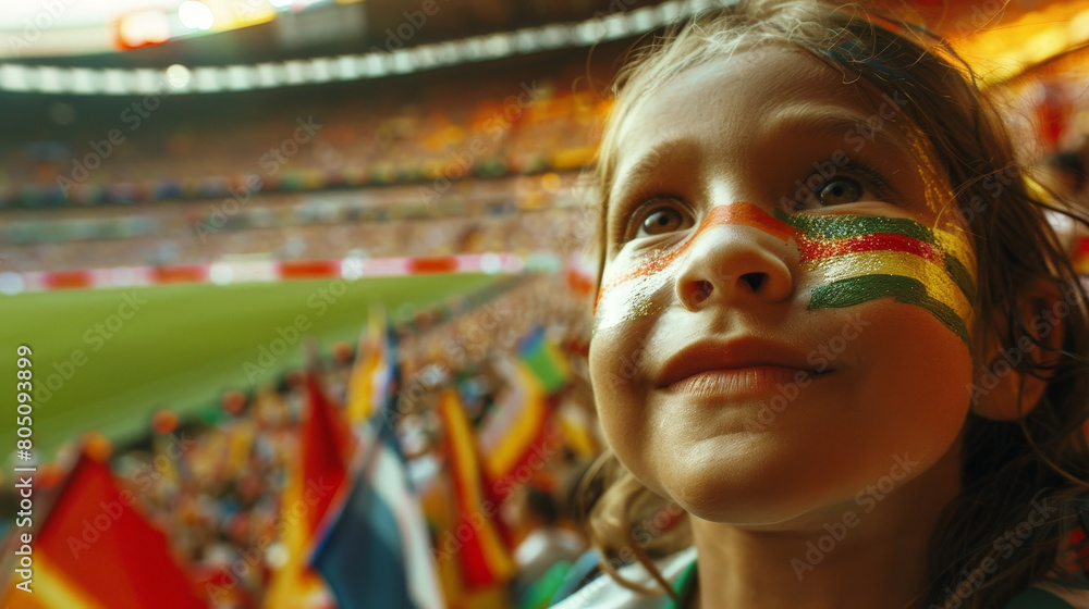 Joyful Young Fan with Painted Face Cheering at a Crowded Soccer Stadium