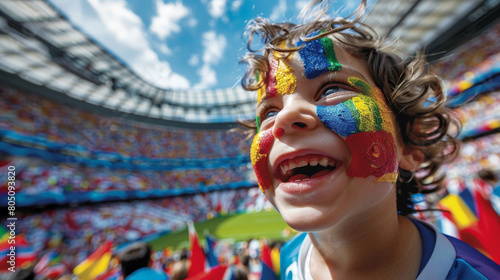 Obraz na płótnie Joyful Young Fan with Painted Face Cheering at a Crowded Soccer Stadium w salonie
