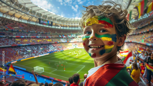 Obraz na płótnie Joyful Young Fan with Painted Face Cheering at a Crowded Soccer Stadium w salonie