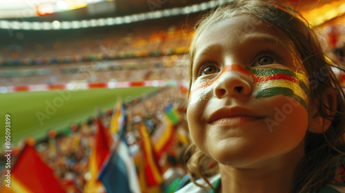 Obraz na płótnie Joyful Young Fan with Painted Face Cheering at a Crowded Soccer Stadium w salonie