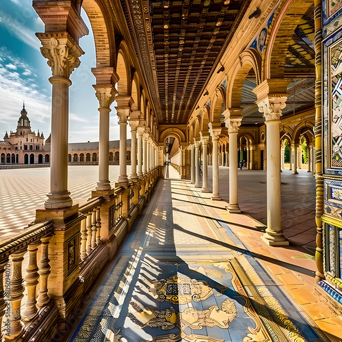 Scenic view of the sunlit colonnade and ornate tiles at the iconic spanish square photo