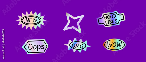 Y2k elements set with gradient, 2000s holographic stickers in retro 00s style. Can use for vector futuristic banner, poster, greeting card. Abstract aesthetic y2k set, silver shapes with quotes