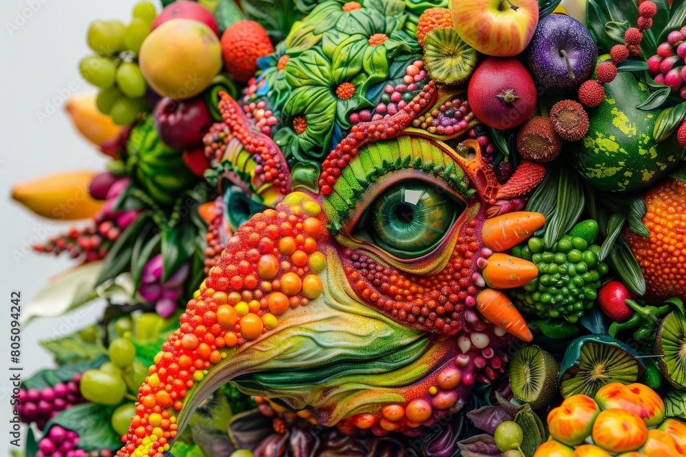 A vibrant sculpture made entirely of colorful fruits and vegetables, resembling a fantastical creature from a children's book