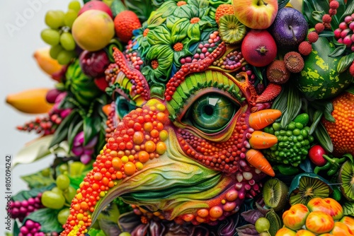 A vibrant sculpture made entirely of colorful fruits and vegetables, resembling a fantastical creature from a children's book