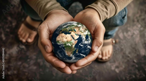 The hands of an adult and child holding the planet Earth together, symbolizing global environmental protection and sustainability.