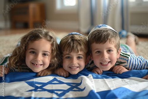 Children with flag of Israel. Independence Day of Israel.