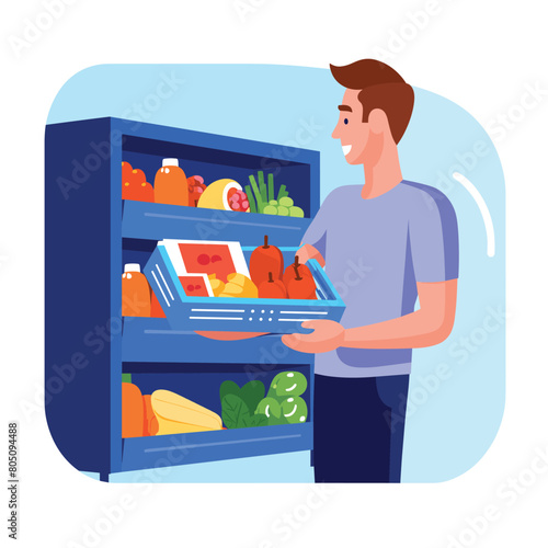 Young man organizes fresh groceries refrigerator shelves. Male cartoon character brown hair storing food fridge. Casual clothing, household chore, kitchen, healthy eating illustration