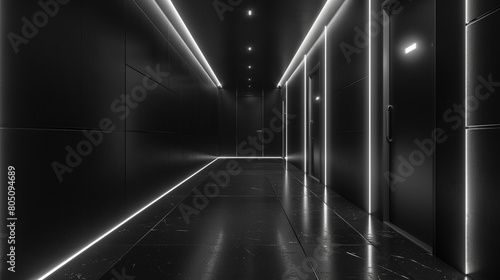A monochromatic black wall with a touch-sensitive switch in a futuristic setting. © AI ARTISTRY