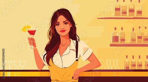 Female bartender with cocktail on yellow background Vector