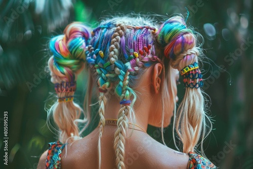 A gorgeous female with a modern bohemian hairstyle featuring two messy buns and two fishtail braids, with blonde strands and dark roots, transitioning into tight multicolored braids