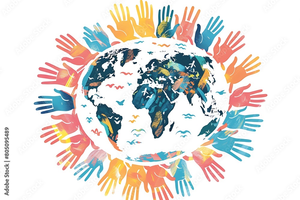 Illustration of hands around the world design isolated on white background. .