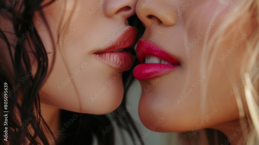 wo women kiss, pink lips, close up of mouth and upper lip touching other person's lower lip with tongue, beautiful, fashion photography, light background, high definition wo women kiss, pink lips, close up of mouth and upper lip touching other person's lower lip with tongue, beautiful, fashion photography, light background, high definition