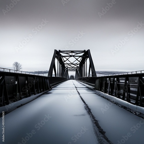 a truss bridge stretching across a frozen river, its steel beams standing stark against the icy landscape.