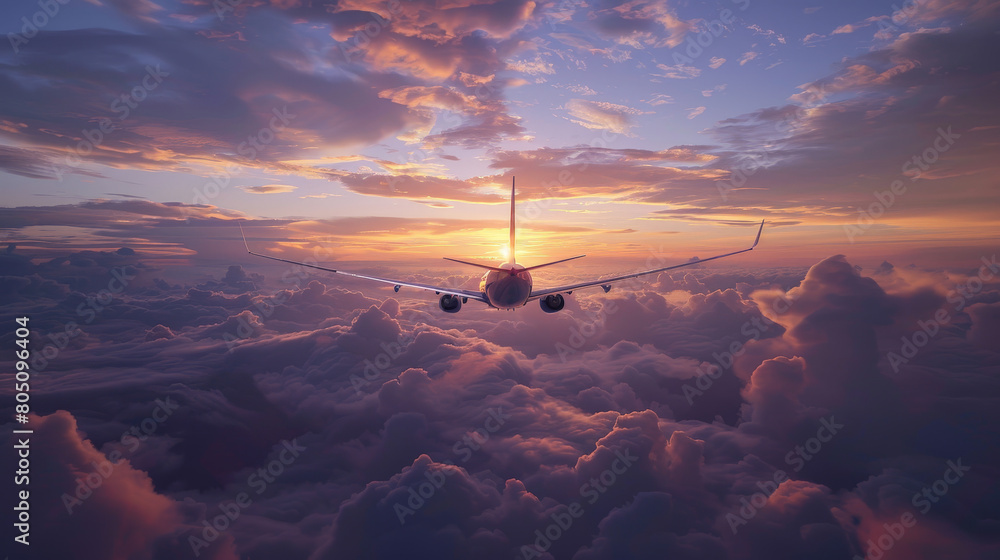 Serene Aerial View of a Commercial Airplane Flying at Sunset Above the Clouds