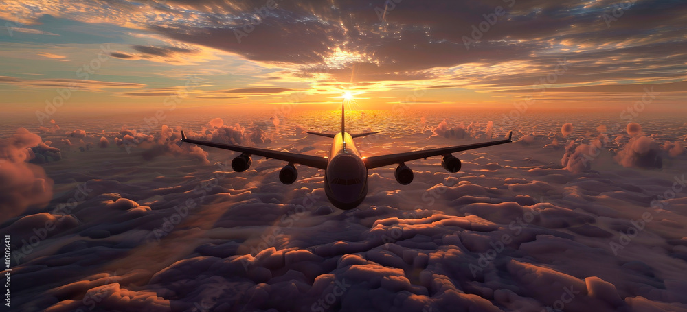 Serene Aerial View of a Commercial Airplane Flying at Sunset Above the Clouds