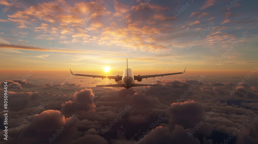 Serene Aerial View of a Commercial Airplane Flying at Sunset Above the Clouds