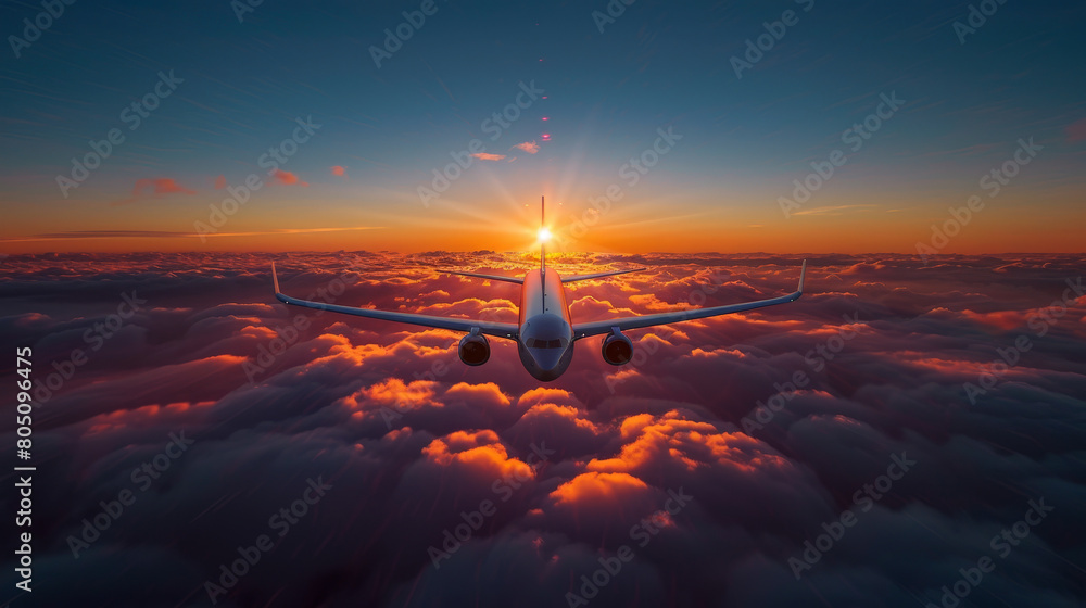Serene Aerial View of a Commercial Airplane Flying at Sunset Above the Clouds