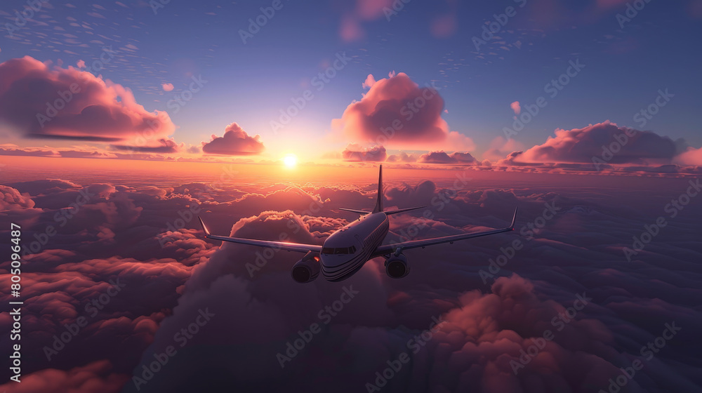 Serene Aerial View of a Commercial Airplane Flying at Sunset Above the Clouds