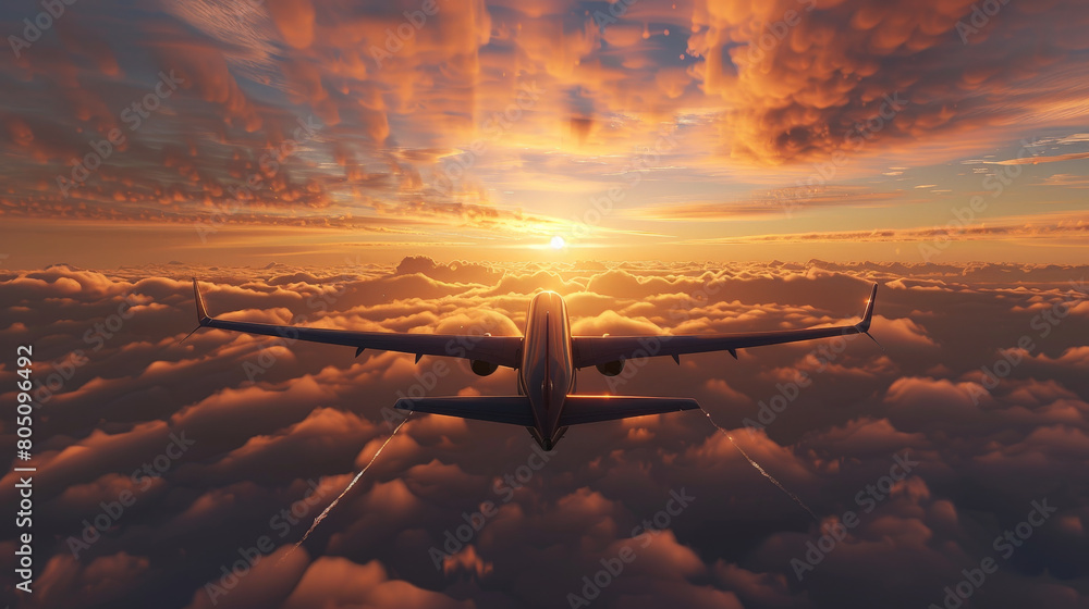 Serene Aerial View of a Commercial Airplane Flying at Sunset Above the Clouds