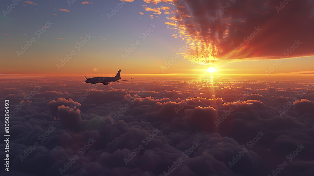 Serene Aerial View of a Commercial Airplane Flying at Sunset Above the Clouds