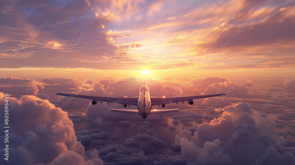Serene Aerial View of a Commercial Airplane Flying at Sunset Above the Clouds