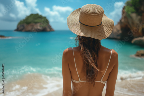 Young woman in hat on beach, created with Generative AI technology