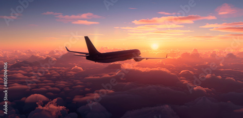 Serene Aerial View of a Commercial Airplane Flying at Sunset Above the Clouds