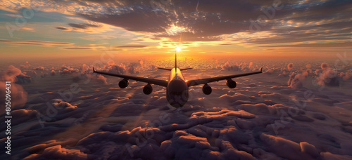 Obraz na płótnie Serene Aerial View of a Commercial Airplane Flying at Sunset Above the Clouds w salonie