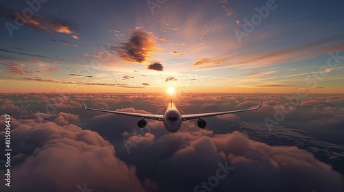 Obraz na płótnie Serene Aerial View of a Commercial Airplane Flying at Sunset Above the Clouds w salonie