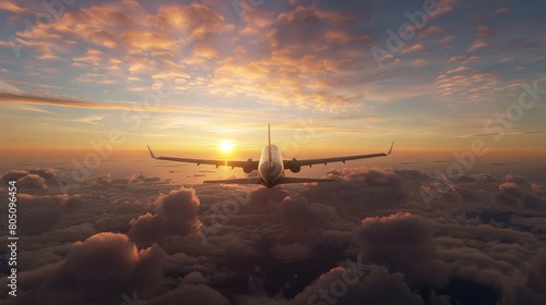 Obraz na płótnie Serene Aerial View of a Commercial Airplane Flying at Sunset Above the Clouds w salonie