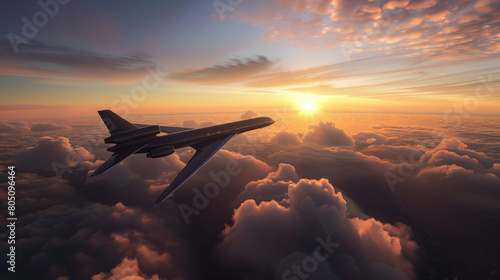 Obraz na płótnie Serene Aerial View of a Commercial Airplane Flying at Sunset Above the Clouds w salonie