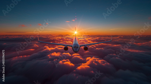 Obraz na płótnie Serene Aerial View of a Commercial Airplane Flying at Sunset Above the Clouds w salonie