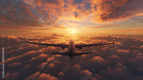 Obraz na płótnie Serene Aerial View of a Commercial Airplane Flying at Sunset Above the Clouds w salonie