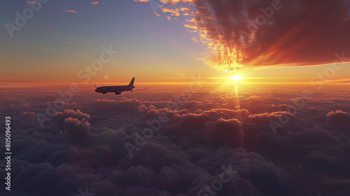 Obraz na płótnie Serene Aerial View of a Commercial Airplane Flying at Sunset Above the Clouds w salonie