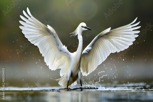Little egret with spread wings in water, nature, Wild animal, bird, In motion. Little egret with spread wings in water. . photo