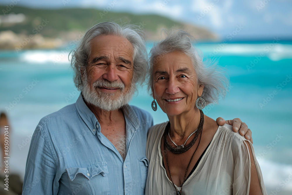Happy old couple relax near ocean, created with Generative AI technology