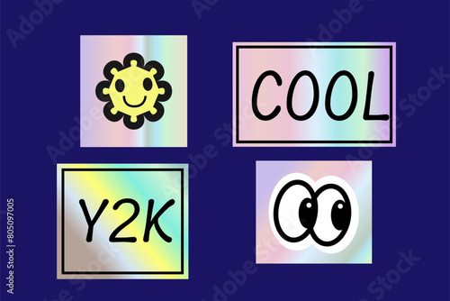 Y2k elements set with gradient, 2000s holographic stickers in retro 00s style. Can use for vector futuristic banner, poster, greeting card. Abstract aesthetic y2k set, silver shapes with quotes