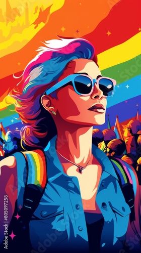 A androgynous woman wearing sunglasses against a vibrant rainbow background